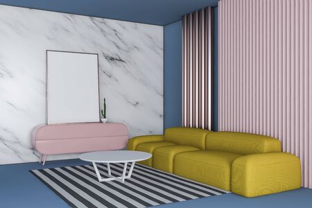 Corner of modern living room with blue, pink and marble walls, yellow sofa near white coffee table...