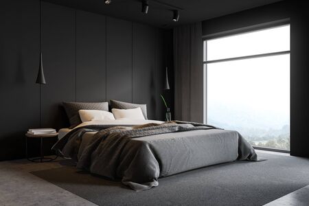 Corner of stylish master bedroom with gray walls, concrete floor, double bed on gray carpet, two bedside tables with books and plant and large window with mountain view. 3d renderingの写真素材