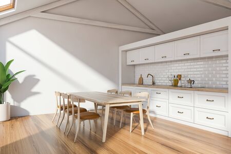 Interior of Scandinavian kitchen with white walls, wooden floor, white countertops with sink and cooker and wooden table with chairs. 3d renderingの写真素材