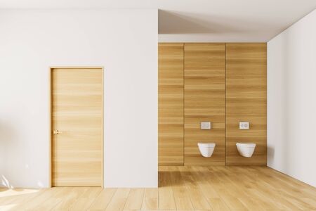 Interior of modern bathroom with white and wooden walls, wooden floor, two toilets and wooden door in the wall. 3d renderingの写真素材