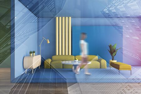 Woman walking in modern living room with blue walls, yellow sofa and bench near mable coffee table...