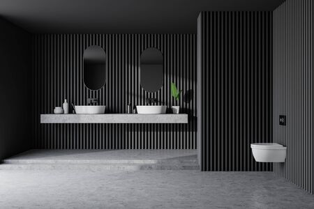 Interior of stylish bathroom with dark wooden walls, concrete floor, double sink with two mirrors above it standing on concrete shelf and toilet. 3d renderingの写真素材