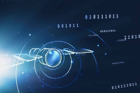 Glowing satellite hologram and lines of code over dark blue background. Concept of telecommunication...