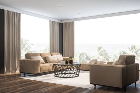 Corner of stylish living room with gray walls, wooden floor, large windows with curtains and beige...