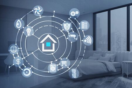 Immersive smart home interface over modern bedroom background with king size bed and home office. Concept of automation. 3d renderingの写真素材