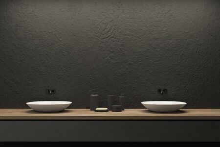 Interior of modern bathroom with gray walls and white double sink standing on wooden countertop with soap and bathroom accessories. 3d renderingの写真素材