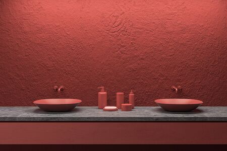 Interior of modern bathroom with red walls and red double sink standing on stone countertop with soap and bathroom accessories. 3d renderingの写真素材