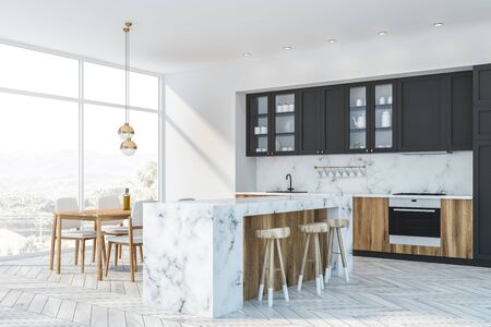 Corner of luxury kitchen with white and marble walls, wooden floor, large window, wooden countertops, gray cupboards, marble bar with stools and dining table with white chairs. 3d renderingの写真素材
