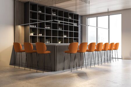Corner of stylish pub with white and concrete walls, concrete floor, bar counter with orange stools...