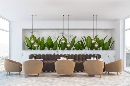 Interior of luxury restaurant with white marble walls, wooden floor, brown sofa and beige armchairs...