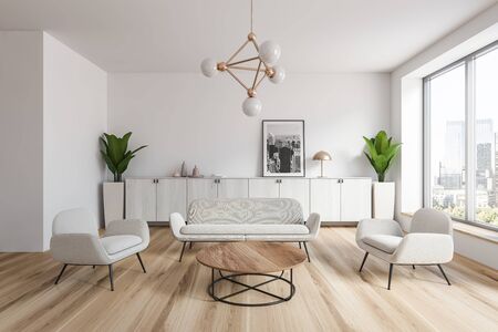 Interior of modern living room with white walls, wooden floor, white sofa and armchairs near round coffee table and wooden cabinet with picture of city. 3d renderingの写真素材