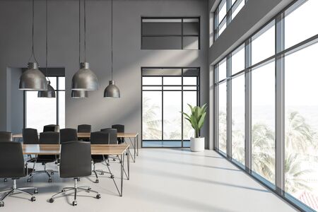 Interior of panoramic meeting room or study hall with gray walls, concrete floor, two long tables...
