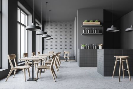 Interior of stylish pub with gray walls, concrete floor, gray sofa, tables and chairs and gray bar counter with stools. 3d renderingの写真素材
