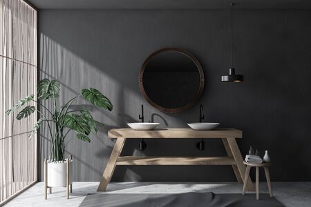 Interior of minimalistic bathroom with gray walls, concrete floor, light wooden blinds, double sink...