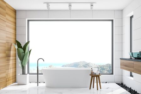 Panoramic bathroom interior with white and wooden walls, marble floor and white bathtub standing near window with magnificent scenery. 3d renderingの写真素材