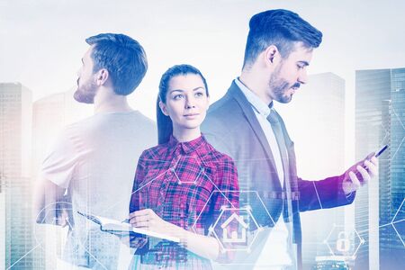 Team of young people in city with double exposure of technological interface. Concept of internet...