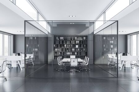 Interior of modern conference room with glass walls, long white table, black bookcase and open space...
