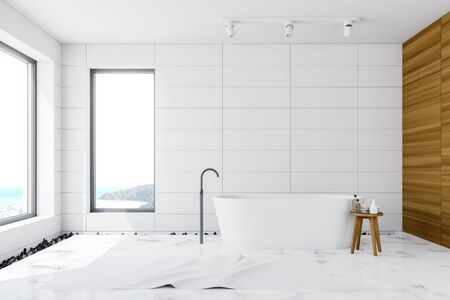 Interior of loft bathroom with white tile and wooden walls, marble floor with white carpet and...