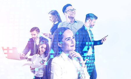 Diverse team of business people working together over white background with double exposure of planet hologram and graph. Concept of international team. Toned imageの写真素材