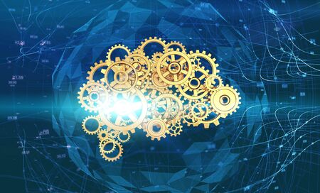 Concept of artificial intelligence and machine learning. Gear brain over planet hologram and network...