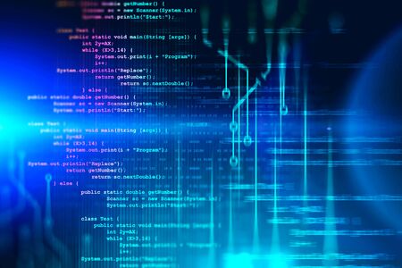 Bright lines of code and circuit interface over bright blue background with binary numbers. Concept...