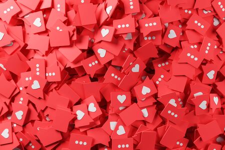 Top view of red and white social media like symbols, speech bubbles and empty templates. Concept of internet and online communication. 3d renderingの写真素材