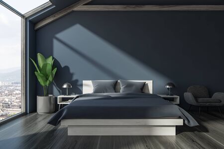 Interior of attic bedroom with gray walls, dark wooden floor, master bed with gray blanket, grey...