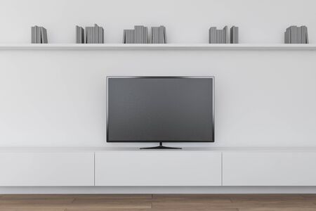 Interior of modern living room with white walls, wooden floor, stylish TV set standing on white cabinet and bookshelf above it. 3d renderingの写真素材