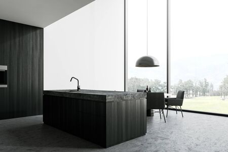 Panoramic kitchen interior with white and dark wooden walls, concrete floor, dark wooden island with...