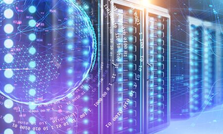 Interior of modern data center with double exposure of planet hologram and binary numbers. Concept...