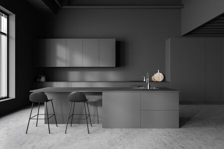 Interior of stylish kitchen with gray walls, concrete floor, grey countertops and cupboards and bar with stools. 3d renderingの写真素材