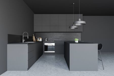 Side view of stylish kitchen with grey walls, concrete floor, gray countertops with built in sink and oven and dark gray bar with stools. 3d renderingの写真素材