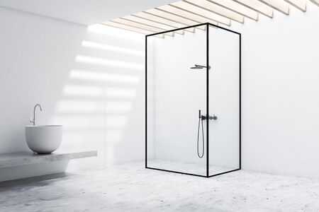 Corner of modern bathroom with white walls, concrete floor, vertical shower with glass walls and big sink standing on stone shelf. 3d renderingの写真素材