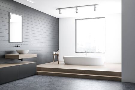 Corner of modern bathroom with white and gray walls, wooden and concrete floor, white sink standing...