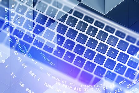 Close up of laptop keyboard with double exposure of binary numbers. Concept of coding and...