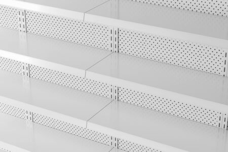 Side view of empty white metal supermarket shelves. Concept of trade and business. 3d renderingの写真素材