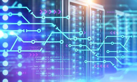 Interior of modern data center with double exposure of circuit interface and lines of code. Concept...
