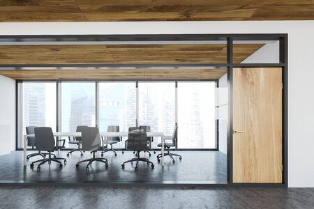 Interior of office lobby with white and glass walls and stylish meeting room with long white conference table and gray chairs. 3d renderingの写真素材