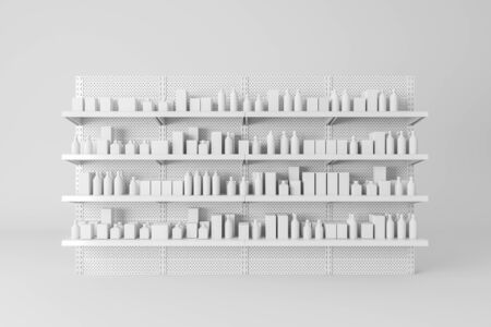Front view of white supermarket shelves with products in mock up bottles and boxes. Concept of trade and business. 3d renderingの写真素材