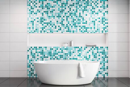 Interior of stylish bathroom with white tile and blue mosaic walls, comfortable bathtub and long...