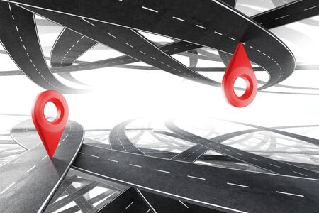 Two sets of tangled roads over white background with red geotag signs on them. Concept of destination, travel and goal. 3d renderingの写真素材