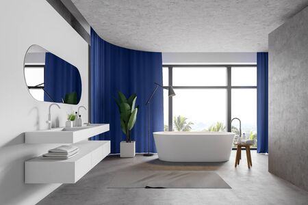 Interior of modern bathroom with white and concrete walls, panoramic window with bright curtains, white bathtub and double sink. Concept of spa. 3d renderingの写真素材