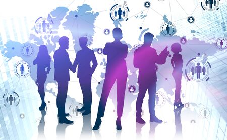 Silhouettes of diverse business people standing in modern city with double exposure of HR icons and world map. Globalization concept. Toned image. Elements of this image furnished by NASAの写真素材