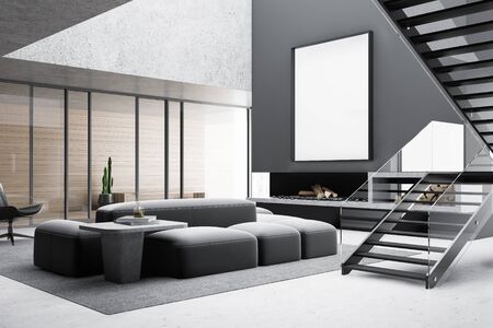 Corner of stylish living room with gray and wooden walls, concrete floor, comfortable sofa and...
