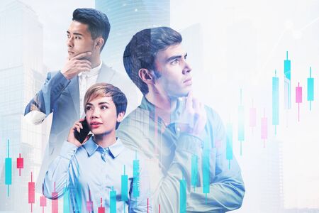 Three young successful managers thinking about business strategy in modern city with double exposure...