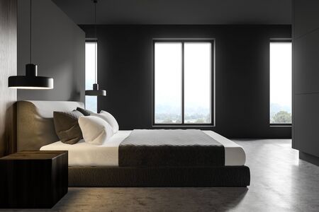 Side view of stylish master bedroom or hotel suite with gray and dark wooden walls, concrete floor, king size bed and windows with mountain view. 3d renderingの写真素材