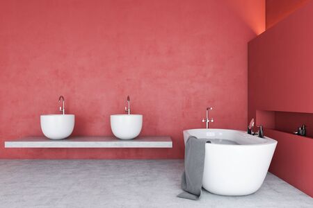 Interior of spacious bathroom with red walls, concrete floor, comfortable white bathtub and double sink standing on stone shelf. Concept of relaxation. 3d renderingの写真素材