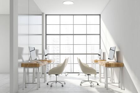 Cozy modern office interior with white and glass walls, tiled floor, large window in cityscape and...