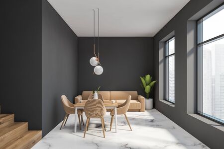 Interior of luxury dining room with gray walls, white marble floor, beige sofa and square table with beige chairs. 3d renderingの写真素材