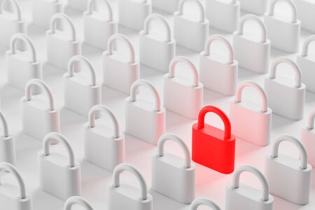 Closed red padlock standing among white ones on white surface. Concept of digital security, privacy and data protection. 3d renderingの写真素材
